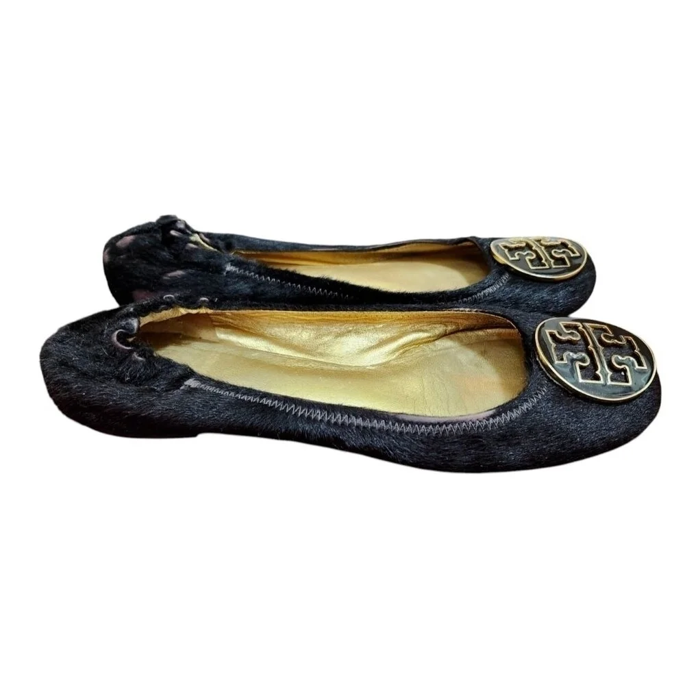 Tory Burch Reva Brown Gold Animal Fur Ballet Flat Womens Size 7 Slip On Ballet